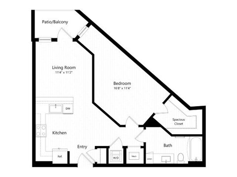 Floor plan for 1 bed, 1 bath, 744 sqft