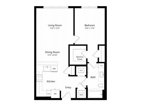 Floor plan for 1 bed, 1 bath, 766 sqft