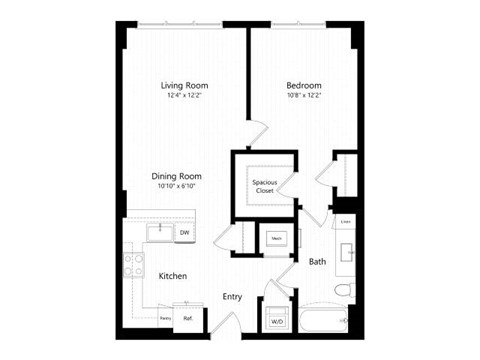 Floor plan for 1 bed, 1 bath, 775 sqft