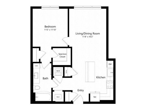Floor plan for 1 bed, 1 bath, 810 sqft