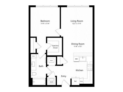 Floor plan for 1 bed, 1 bath, 767 sqft