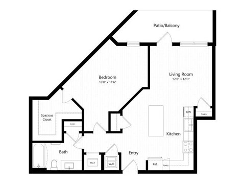 Floor plan for 1 bed, 1 bath, 820 sqft