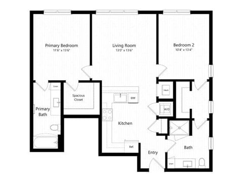 Floor plan for 2 beds, 2 baths, 1055 sqft