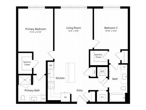 Floor plan for 2 beds, 2 baths, 1127 sqft