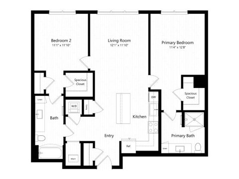 Floor plan for 2 beds, 2 baths, 1129 sqft