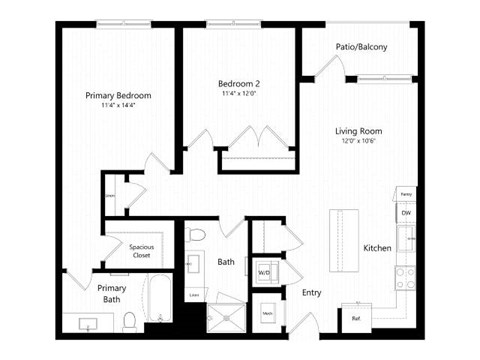 Floor plan for 2 beds, 2 baths, 1106 sqft