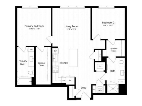 Floor plan for 2 beds, 2 baths, 1148 sqft