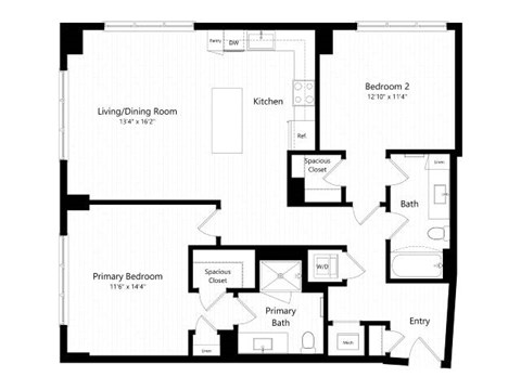 Floor plan for 2 beds, 2 baths, 1215 sqft
