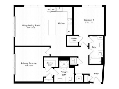 Floor plan for 2 beds, 2 baths, 1234 sqft