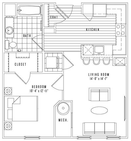 Floor plan for 1 bed, 1 bath, 679 sqft