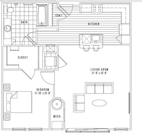 Floor plan for 1 bed, 1 bath, 825 sqft