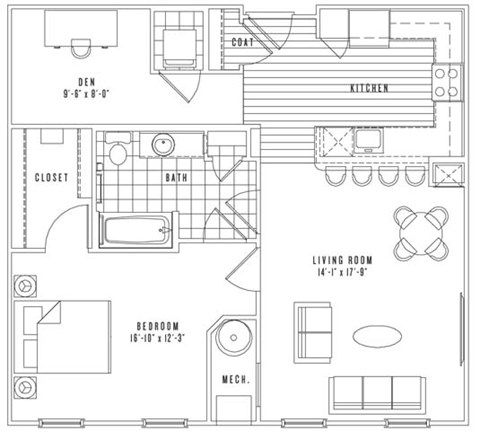 Floor plan for 1 bed, 1 bath, 920 sqft