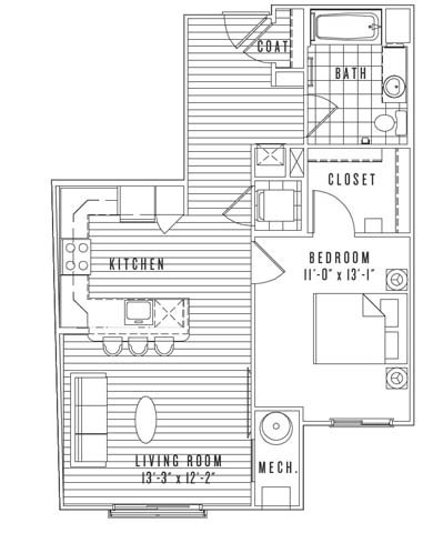 Floor plan for 1 bed, 1 bath, 747 sqft