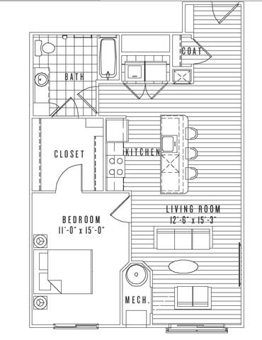 Floor plan for 1 bed, 1 bath, 841 sqft