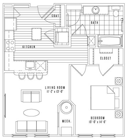 Floor plan for 1 bed, 1 bath, 706 sqft