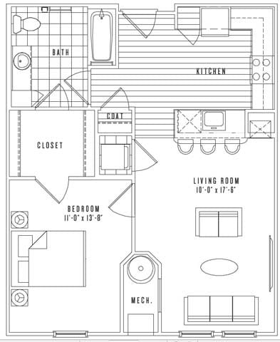 Floor plan for 1 bed, 1 bath, 746 sqft