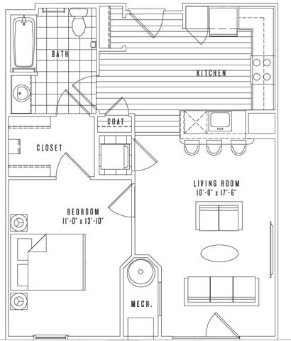 Floor plan for 1 bed, 1 bath, 746 sqft