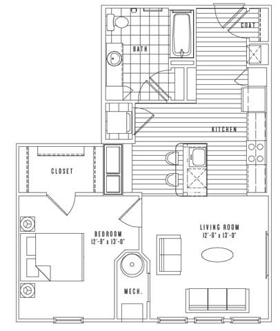 Floor plan for 1 bed, 1 bath, 761 sqft