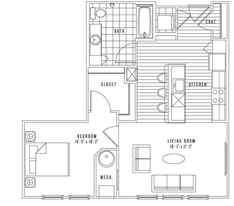 Floor plan for 1 bed, 1 bath, 742 sqft