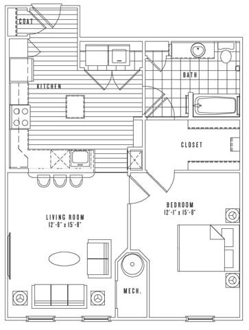 Floor plan for 1 bed, 1 bath, 820 sqft