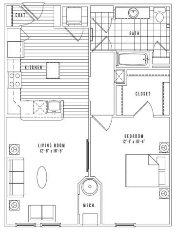 Floor plan for 1 bed, 1 bath, 881 sqft