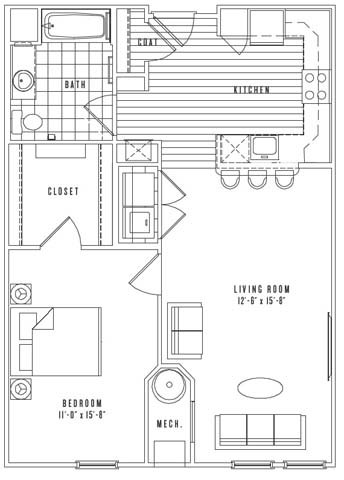 Floor plan for 1 bed, 1 bath, 825 sqft
