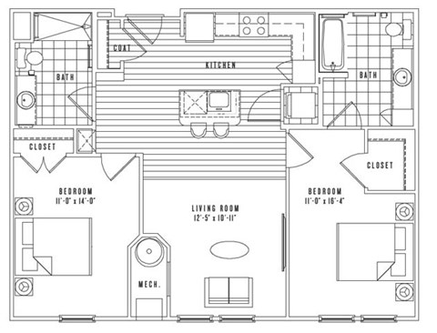 Floor plan for 2 beds, 2 baths, 964 sqft