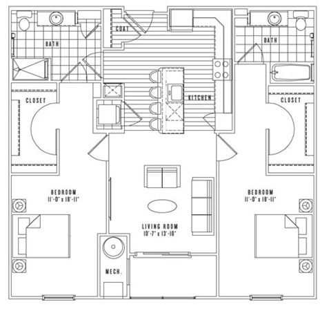 Floor plan for 2 beds, 2 baths, 1147 sqft