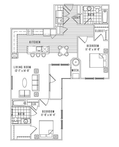 Floor plan for 2 beds, 2 baths, 1171 sqft