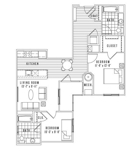 Floor plan for 2 beds, 2 baths, 1005 sqft