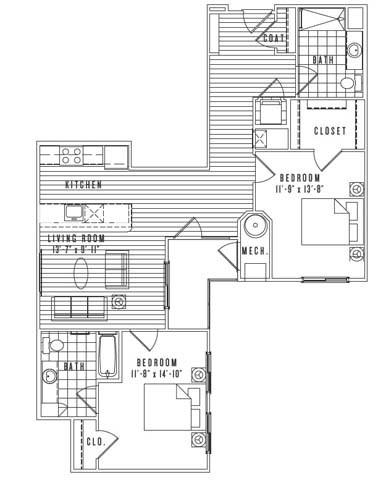 Floor plan for 2 beds, 2 baths, 1095 sqft