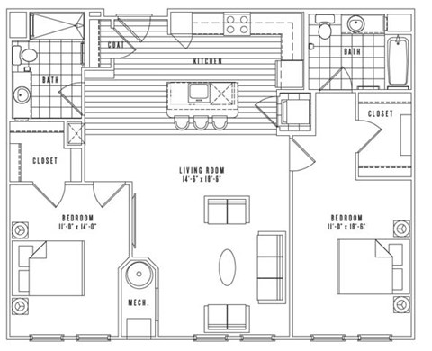 Floor plan for 2 beds, 2 baths, 1145 sqft