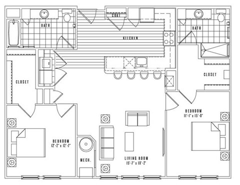 Floor plan for 2 beds, 2 baths, 1195 sqft
