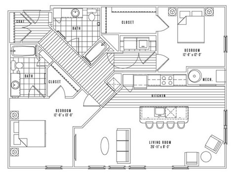 Floor plan for 2 beds, 2 baths, 1267 sqft