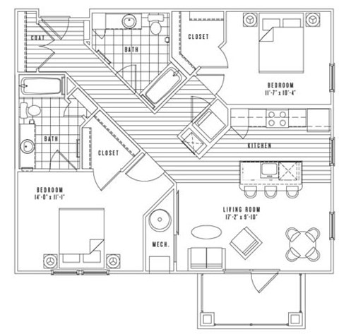 Floor plan for 2 beds, 2 baths, 1042 sqft