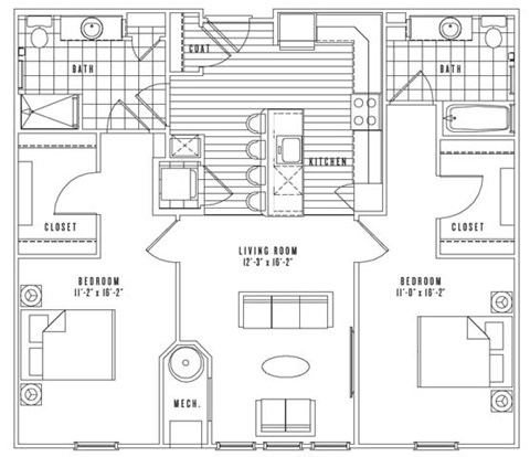 Floor plan for 2 beds, 2 baths, 1105 sqft