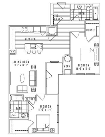 Floor plan for 2 beds, 2 baths, 1129 sqft