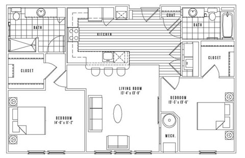 Floor plan for 2 beds, 2 baths, 1135 sqft