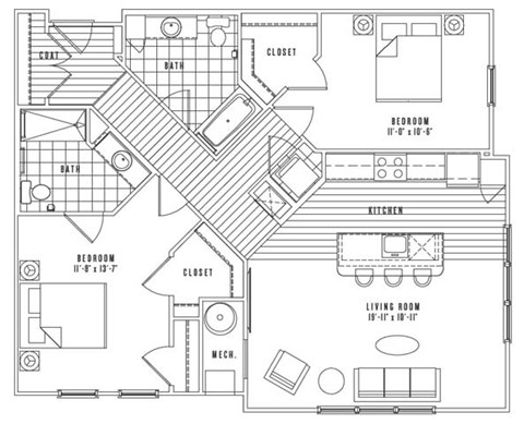 Floor plan for 2 beds, 2 baths, 1147 sqft