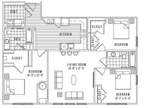Floor plan for 3 beds, 2 baths, 1331 sqft