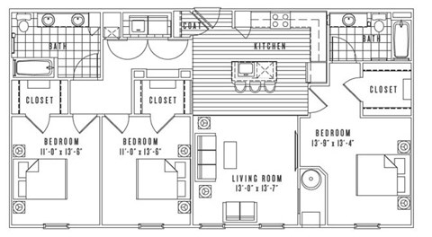 Floor plan for 3 beds, 2 baths, 1366 sqft
