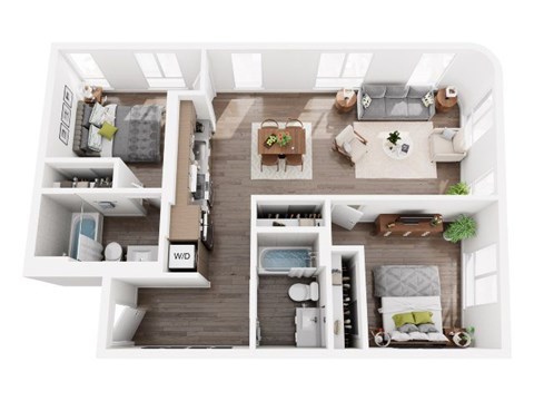 Floor plan for 2 beds, 2 baths, 837 sqft