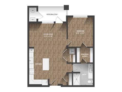 Floor plan for 1 bed, 1 bath, 873 sqft
