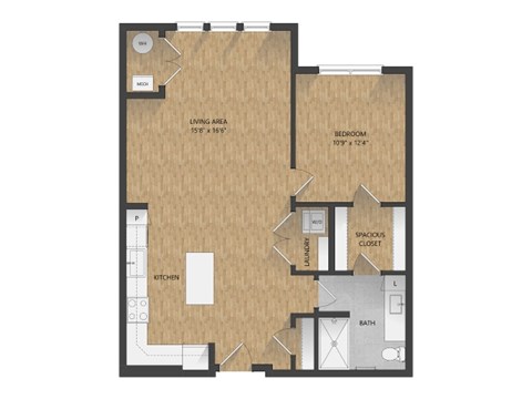 Floor plan for 1 bed, 1 bath, 872 sqft