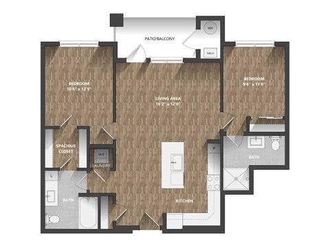 Floor plan for 2 beds, 2 baths, 1098 sqft