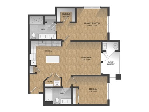 Floor plan for 2 beds, 2 baths, 1098 sqft