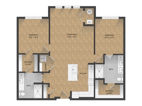Floor plan for 2 beds, 2 baths, 1181 sqft
