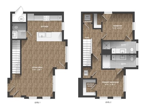 Floor plan for 2 beds, 2.5 baths, 1198 sqft