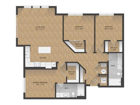 Floor plan for 3 beds, 2 baths, 1375 sqft