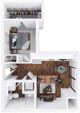 Floor plan for 1 bed, 1 bath, 581 sqft